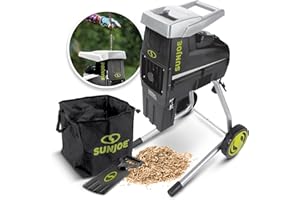 Sun Joe CJ603E Corded Wood Chipper and Shredder with 15A Electric Motor, 1.7-Inch Cutting Diameter, Includes Safety Hopper, Feeding Paddle, and Collection Bag