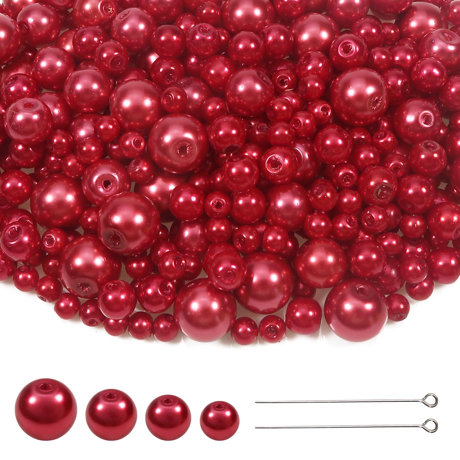 TOAOB 370pcs Glass Pearl Beads Red Round Loose Imitation Pearls Beads 4mm 6mm 8mm 10mm in for Jewellery Making Necklace Bracelet Craft