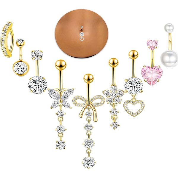 Lot De 5 Piercings Nombril Acier Chirurgical Rose Or - Pendentifs Fleur Papillon Cœur Opale