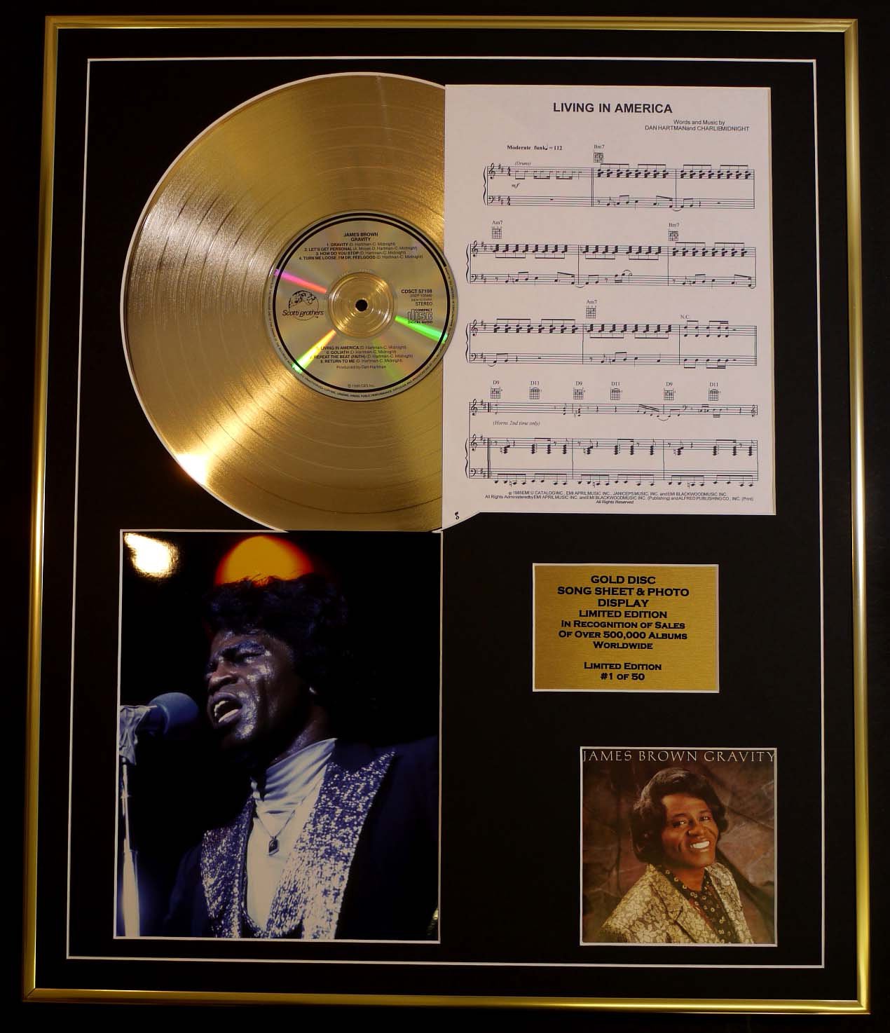 JAMES BROWN/CD GOLD DISC, SONG SHEET & PHOTO DISPLAY/LTD. EDITION/COA/ALBUM, GRAVITY/SONG SHEET, LIVING IN AMERICA