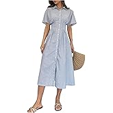 MakeMeChic Women's Summer Striped Button Down Shirt Dress Short Sleeve Midi Dresses