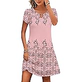HOTOUCH Women's Casual A-Line Dress with Pockets Summer Beach Floral Tshirt Dress Short Sleeve Mini Dress Flowy Sundresses