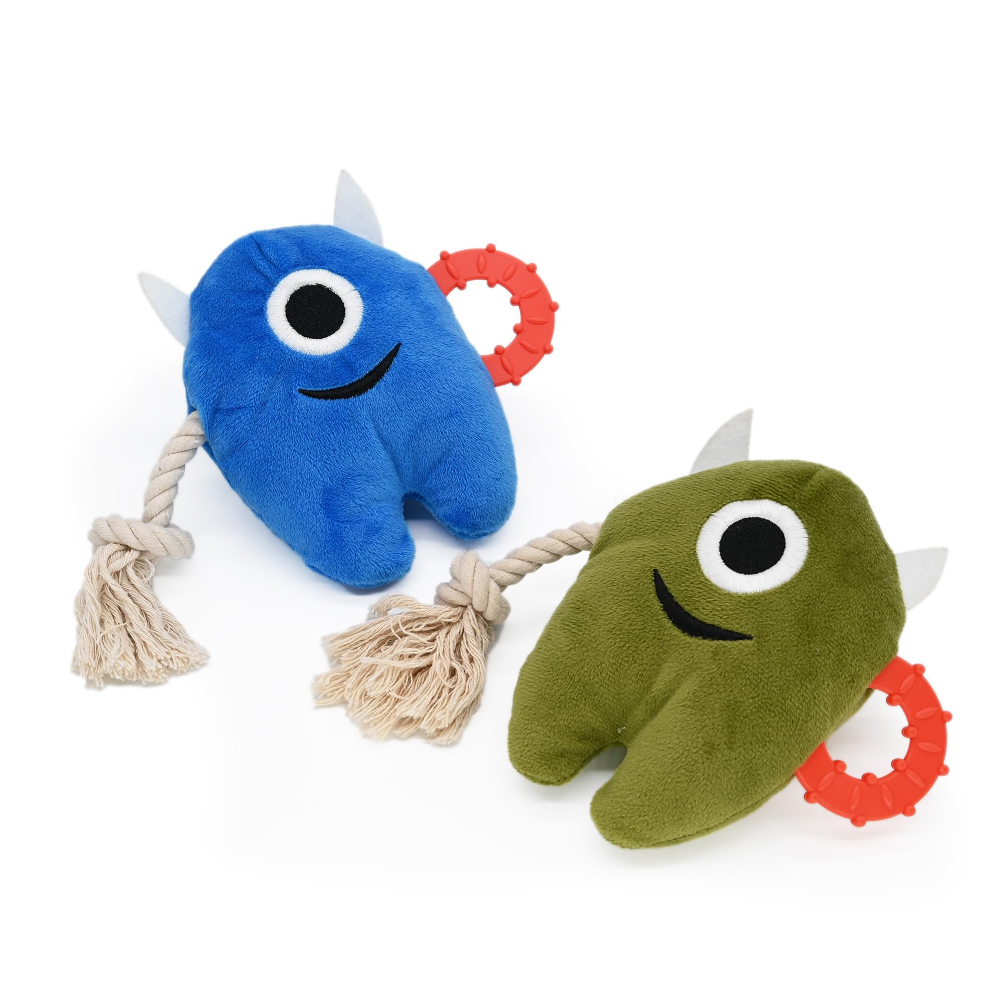 Onmygogo Large Dog Squeaky Chew Toys, Stuffed Plush Dog Toys Durable Tug of War Rope Toys Puppy Toys, Monster Toys(set of 2, blue and green)