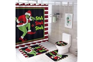 MICEAN 4Pcs Merry Christmas Shower Curtain Set with Non-Slip Rugs, Toilet Lid Cover and Bath Mat, Xmas Winter Holiday Bathroom Decor with Hooks 72 x 72 Inches