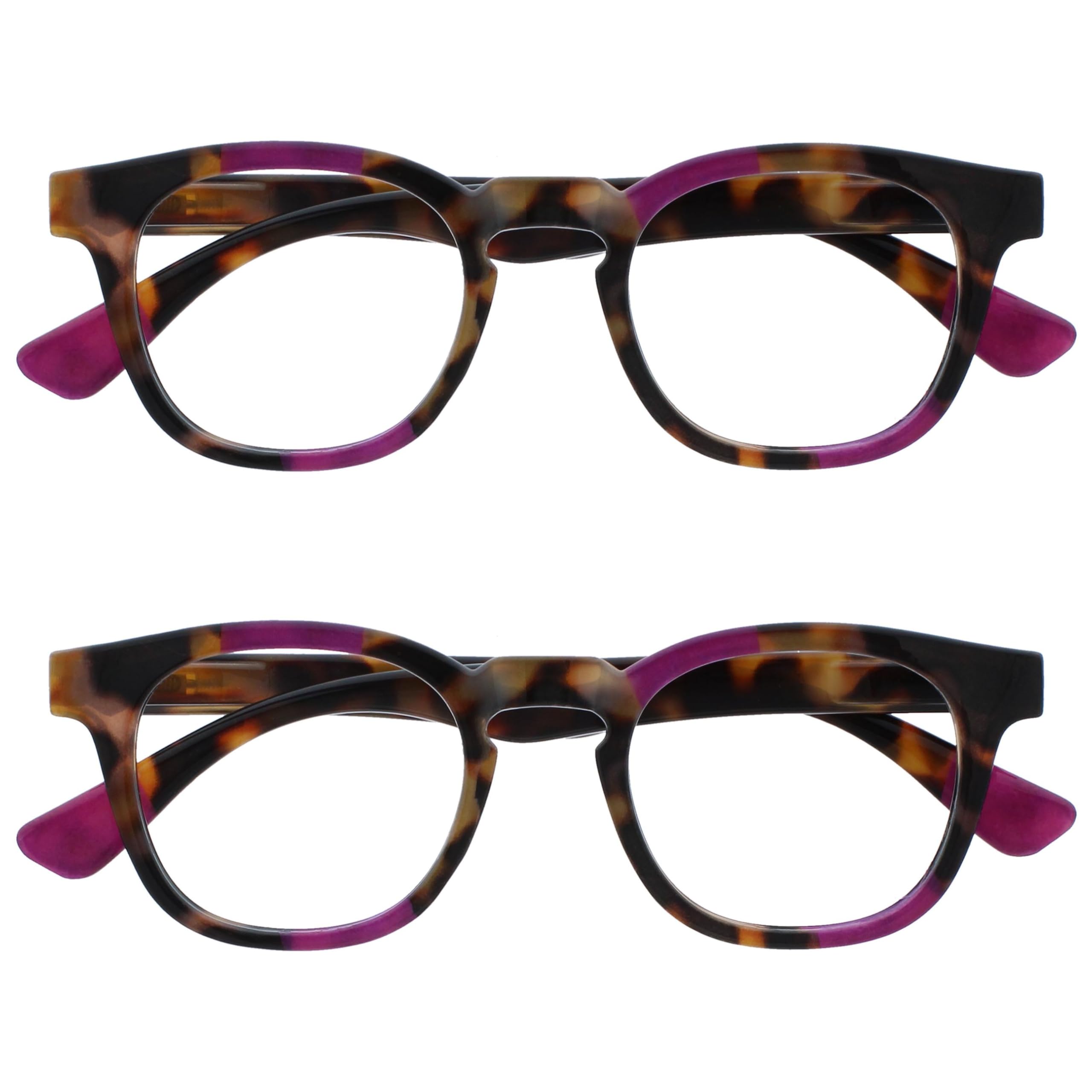 OPULIZE Ava Reading Glasses 2 Pack Flattering Rounded Frame Spring Hinges Scratch Resistant Brown Tortoiseshelll Purple Mens Womens RR62-5 +3.00