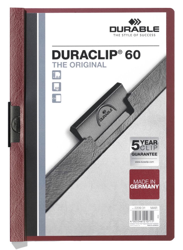 Durable DURACLIP 60 A4 Clip Folder - Holds Up to 60 Sheets of A4 Paper - Strong Metal Sprung Clip - Pack of 25 Dark Red Colour Folders for Organising Documents