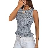 GORGLITTER Women's Striped Smocked Tank Top Ruched Ruffle Shirred Sleeveless Summer Going Out Peplum Tops