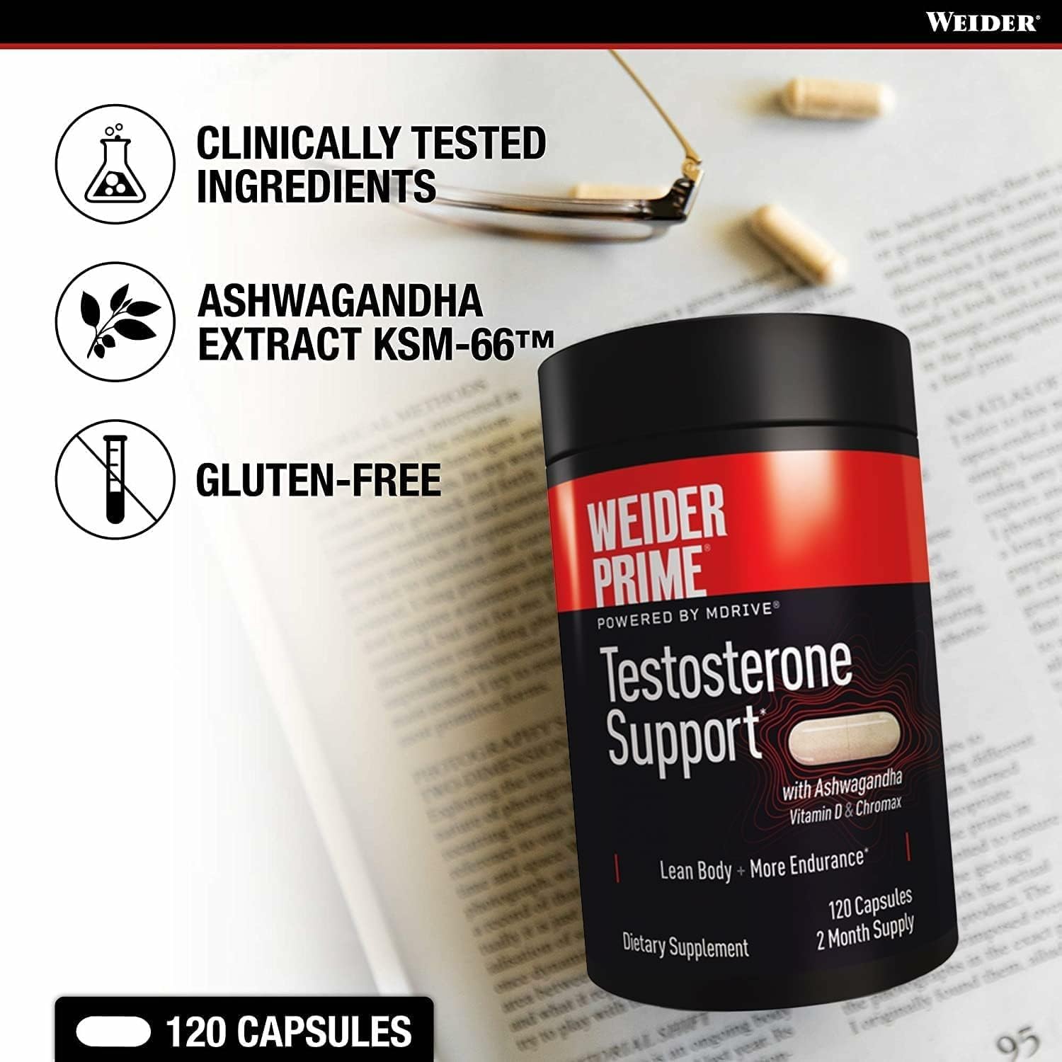 Weider Prime Testosterone Support - Men's Nutrition - Enriched with Vitamins & Minerals - with Ashwagandha, Chromax Chromium, Bioperine & Zinc - Gluten Free - 120 Capsules