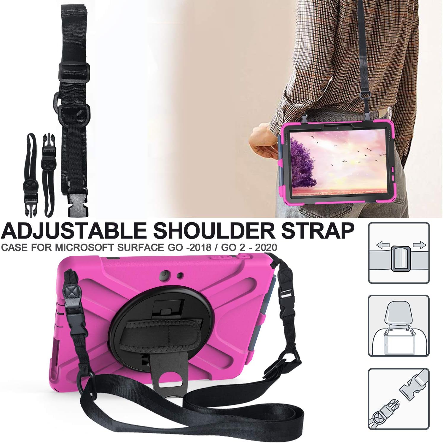 Sfulatdc Compatible with Surface Go Case,Shockproof Heavy Duty Rugged Full Body Cover with Strap and Kickstand for Microsoft Surface Go 4/3/2/1 Pink - Image 5