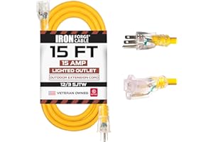 IRON FORGE CABLE 15 Foot Lighted Outdoor Extension Cord - 12/3 SJTW Heavy Duty Yellow Extension Cable with 3 Prong Grounded Plug for Safety, 15 AMP - Great for Garden and Major Appliances