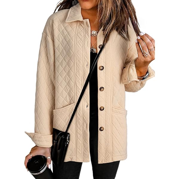 Women's Diamond Quilted Puffer Jacket - Lightweight Spring/Fall Casual Button Down Coat With Pockets