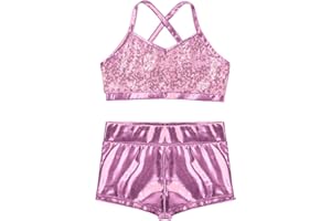 MSemis Girls' Kids 2-Piece Active Set Dance Sport Outfits Racer Back Top and Booty Short Gymnastics Dancing Clothes