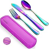 Travel Utensils with Case, 4-Piece Stainless Steel Portable Cutlery Set, Reinforced Case with Buckle Design, Lunch Box for Camping Work School, Include Fork Spoon Knife, Dishwasher Safe, Rainbow