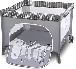 Lionelo Sofie Laufstall Laufstall Baby Baby Bett Reisebett Baby ab Geburt bis 15 kg Seiteneingang Lockguard System und Blockade der Räder Tragetasche zusammenklappbar (Grau)