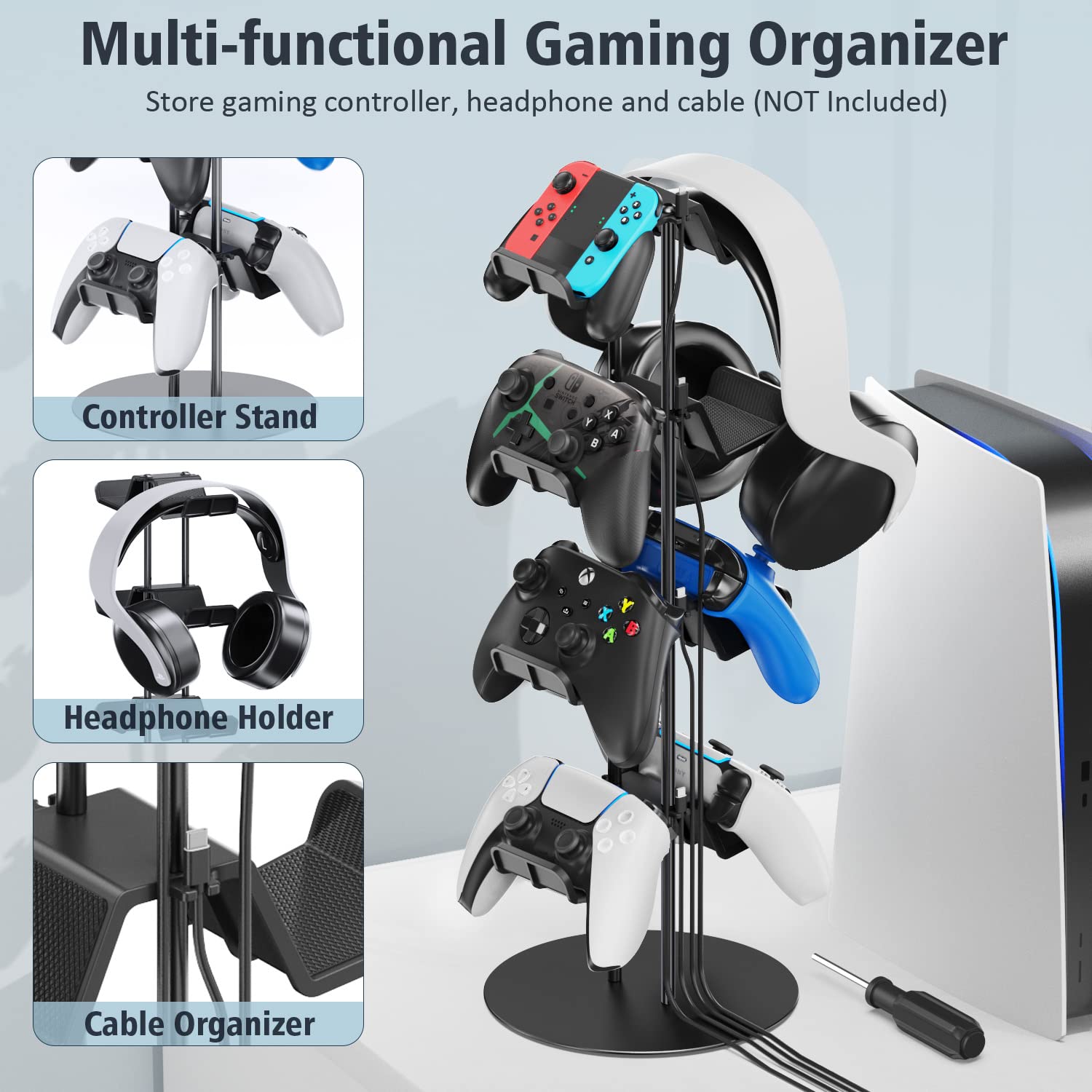 Gaming Deko Controller Halterung, 4-Stufen Controller Halter & Kopfhörer Halterung Tisch mit Kabel Gaming Organizer, Kopfhörer Halter für Universaler Controller/Headset, Gaming Zubehör Zimmer Deko 2