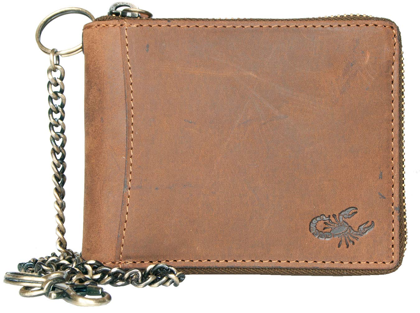 Men's RFID Metal Zip-around Genuine Leather Wallet With Chain One Size Brown