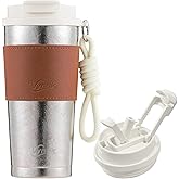 Vynrik Flip Straw Travel Coffee Mug Leak Proof,Reusable Insulated Coffee Tumbler With Lid And Straw,Titanium Water Bottle Lightweight,Gift(BROWN)