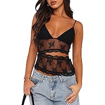 Pivanzore Women's Y2K Lace Cami Tank Top Sexy Mesh See