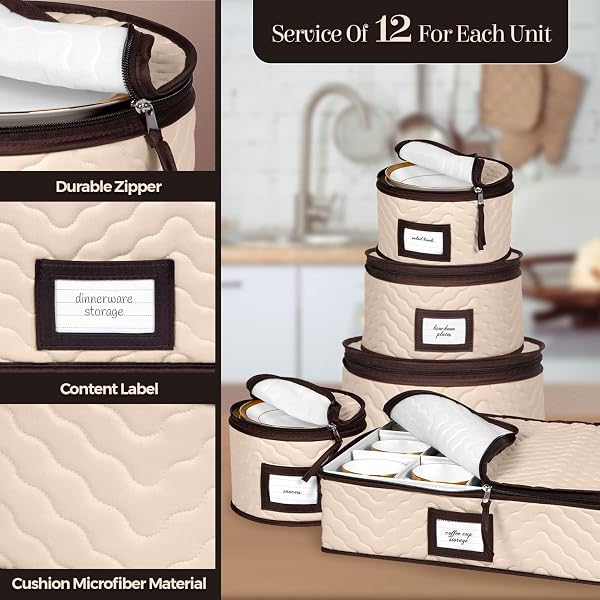 CHINA STORAGE CONTAINERS 5-PIECE SET MOVING BOXES FOR DINNERWARE, GLASSES, PLATES, MUGS AND SAUCERS STURDY QUILTED MICROFIBER DISH ORGANIZER WITH DIVIDERS FOR SEASONAL STORAGE – HOLDS SET OF 12