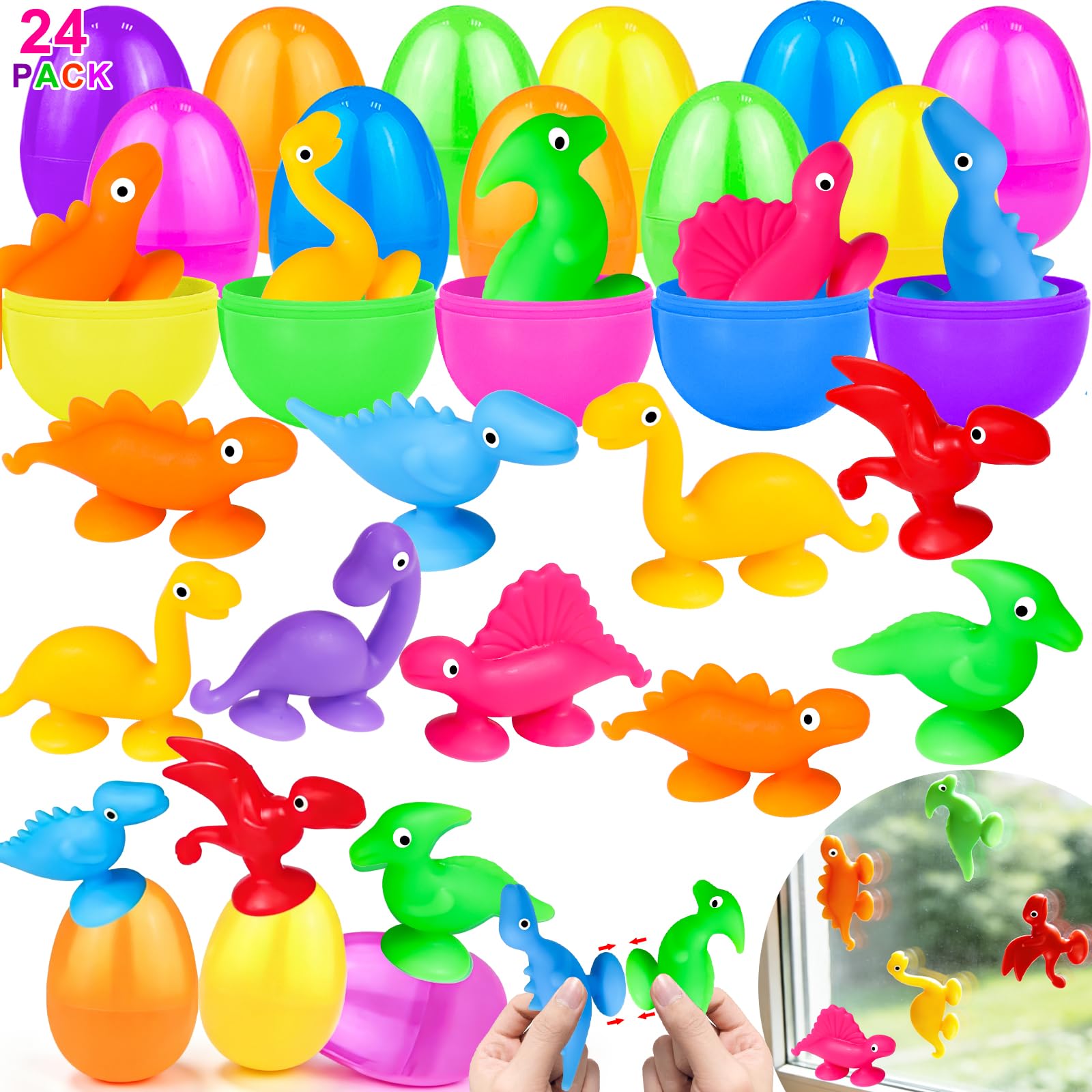 AMENON 24 Pcs Prefilled Easter Eggs with Animal Dinosaur Suction Cup Bath Toy Easter Basket Stuffers Filler Stress Relief Sensory Fidget Window Surprise Easter Hunt Party Favors Gifts for Kids Toddler