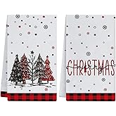 Cylanta Christmas Kitchen Towels Dish Towels Set of 2, 18x26 Inch Red Black Buffalo Plaid Xmas Trees Seasonal Hand Towel for Cooking Decoration