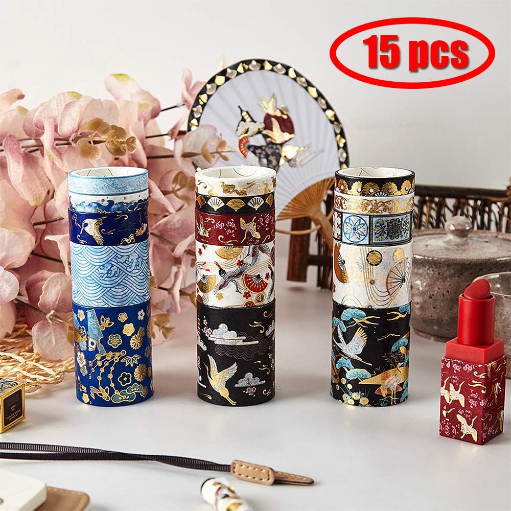 GRT 12 Rolls Washi Tape Set, Foil Gold Skinny Decorative, DIY Masking Tape,12 Different Designs About The Imperial Palace Element, Decorative Washi Masking Tape, 15mm - 30mm Wide (Chinese Style)