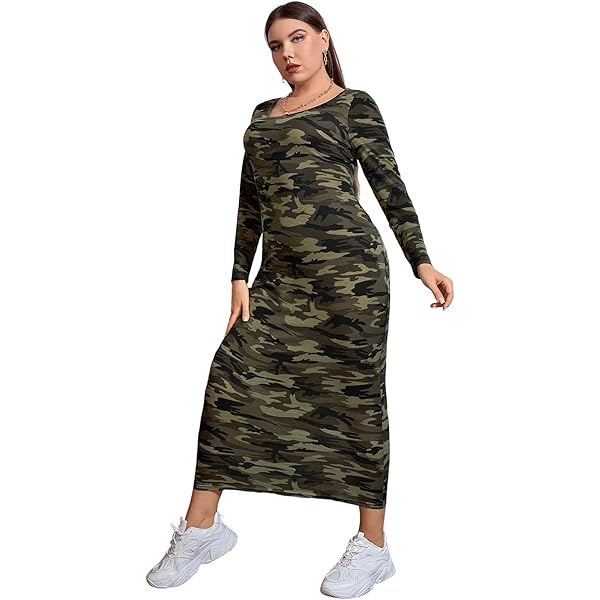 Amazon.com: Plus Size Dresses for Curvy Women Camouflage Print Long Sleeve  Deep V-Neck Maxi Dress Casual Wrap Tie Waist Long Sundress : Clothing,  Shoes & Jewelry