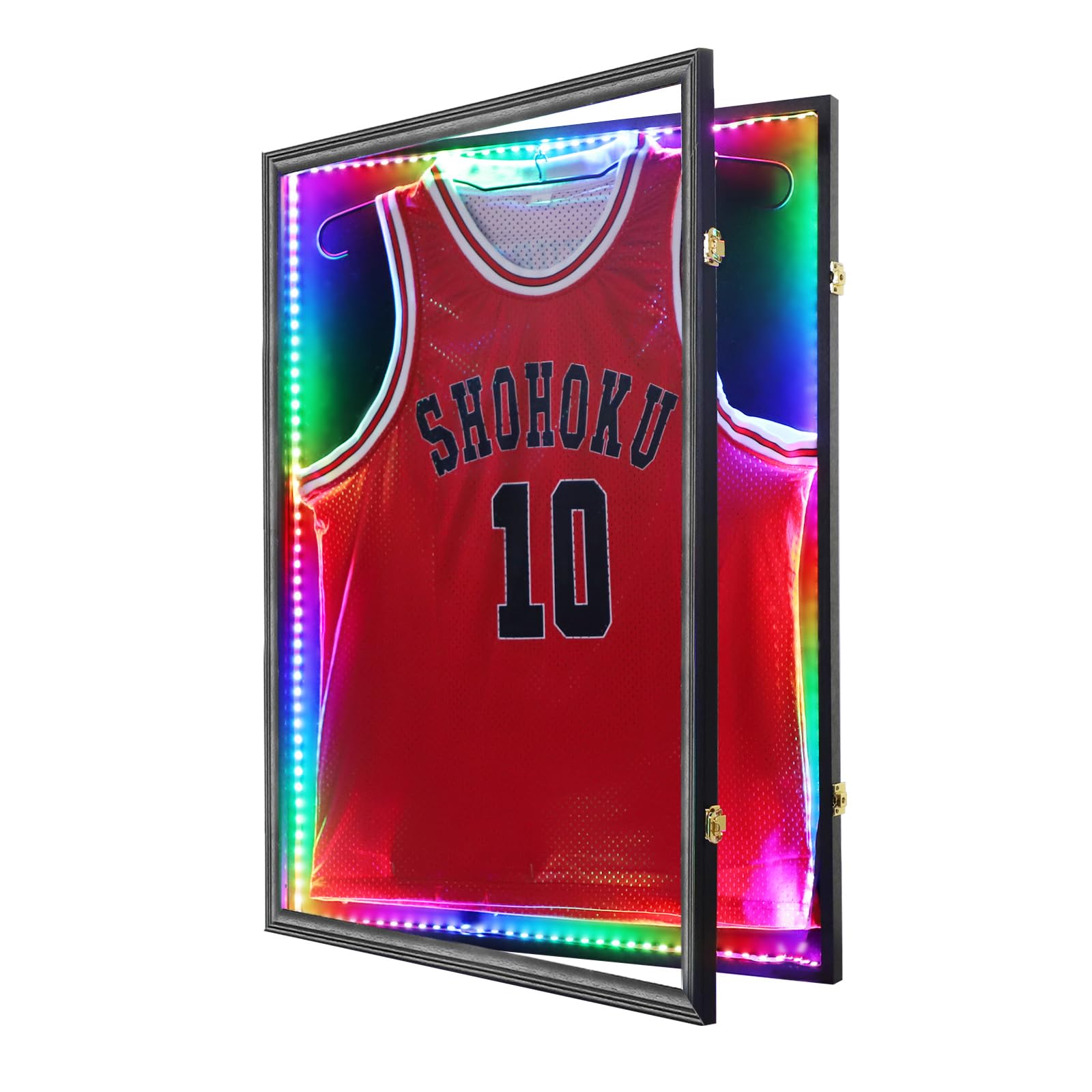 Grintus Jersey Frame Display Case,Lockable with Colorful Led Lights Display Box for Jersey Display with UV Protection Acrylic and Hanger for Baseball Basketball Football Hockey Sport Shirt,Black Image