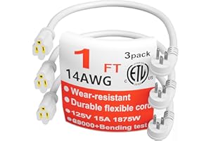 HUANCHAIN 14 Gauge 1 Feet (3 Pack) Flat Plug Extension Cord White Indoor Outdoor, Heavy Duty 3 Prong Grounded Low Profile Extension Wire Flexible, 15A 1875W 125V 14AWG SJTW, ETL Listed