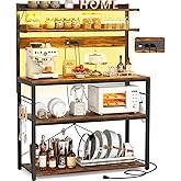Bakers Rack with Power Outlet, Microwave Stand with LED Lights, 5-Tier Coffee Bar Cabinet with Storage, Kitchen Island Storag