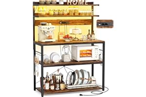 Bakers Rack with Power Outlet, Microwave Stand with LED Lights, 5-Tier Coffee Bar Cabinet with Storage, Kitchen Island Storag