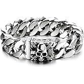 COOLSTEELANDBEYOND Mens Large Vintage Brushed Finishing Steel Curb Chain Bracelet with Fleur De Lis and Skull