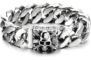 COOLSTEELANDBEYOND Mens Large Vintage Brushed Finishing Steel Curb Chain Bracelet with Fleur De Lis and Skull