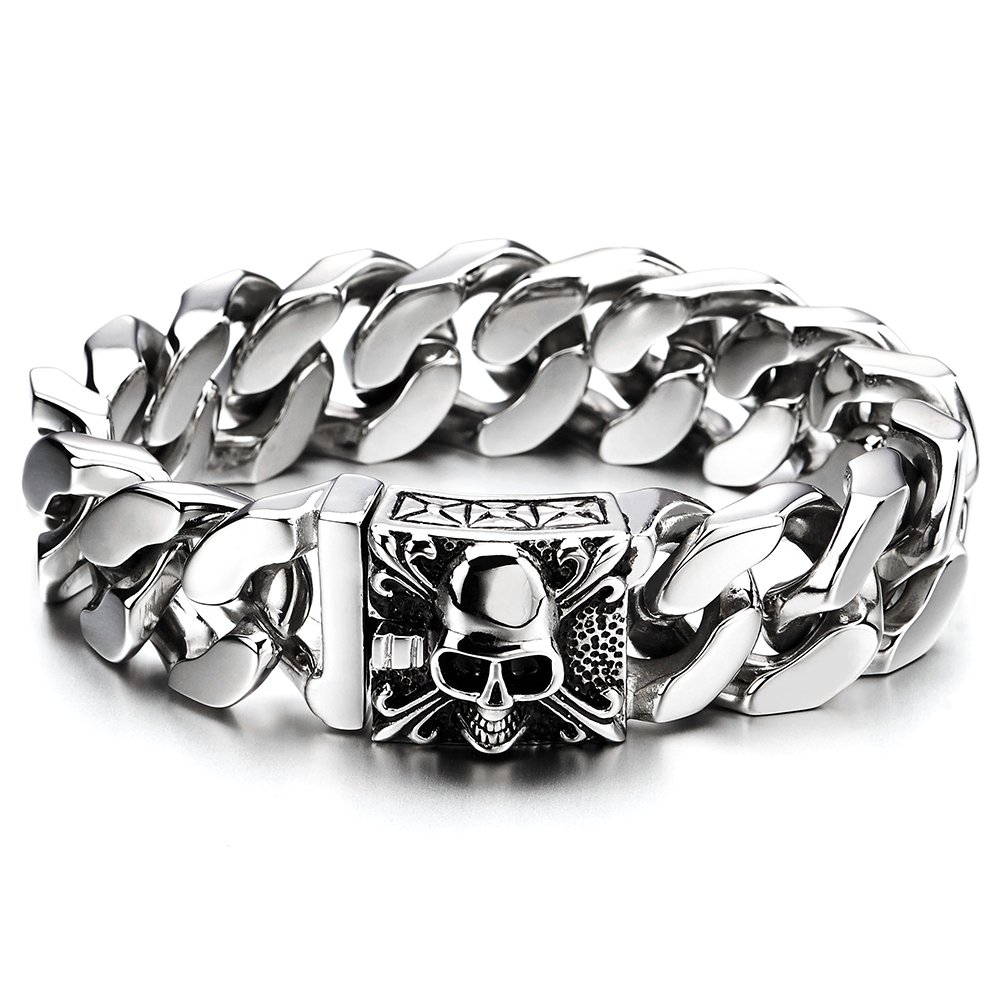 COOLSTEELANDBEYOND Mens Large Stainless Steel Curb Chain Bracelet with Fleur De Lis and Skull, Biker Gothic, Polished