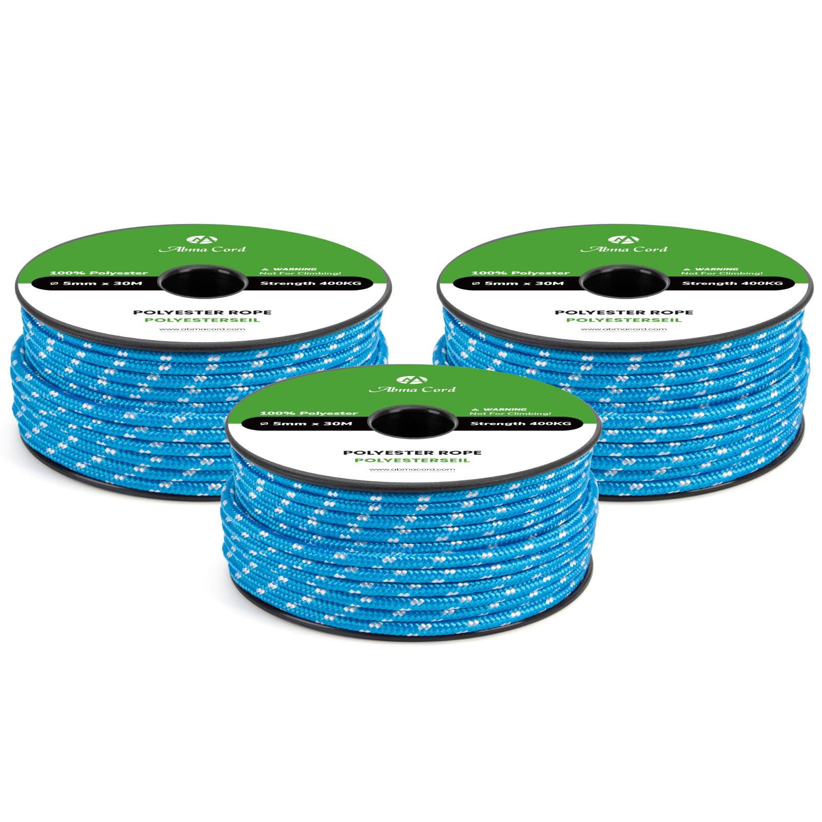 Abma Cord Polyester Cord 5mm x 30m Braid Polyester Rope, Blue/White - Heavy Duty & Low Stretch - High UV & Abrasion Resistance