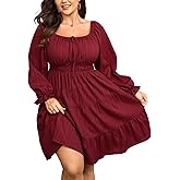SHESTARR Women's Plus Size Dresses Square Neck Long Sleeve Tie Front Textured A Line Mini Dress