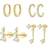 8 pcs Stack Earrings Set, 4 pairs Hypoallergenic Small Huggie Hoop Earrings, 18k Gold plated, Cubic Zirconia, Dainty Stud Earrings, Multiple Piercing, Silver posts, Trendy Jewelry for Women, Gift Box