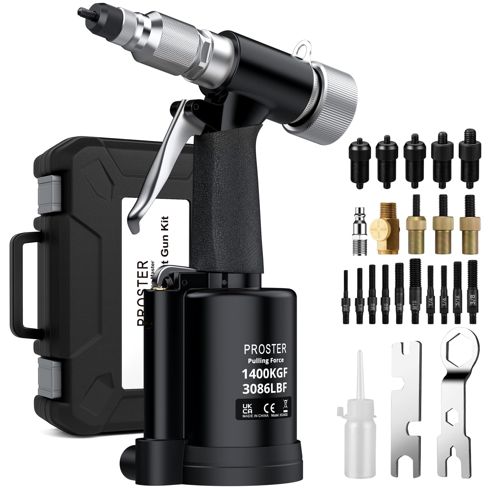 Photo 1 of Proster Pneumatic Hydraulic Rivet Nut Set - 3086LBF Heavy-Duty Riveters Setting Kit for M4 M5 M6 M8 M10 1/4" 5/16" 3/8" Nuts with Storage Case (Black)