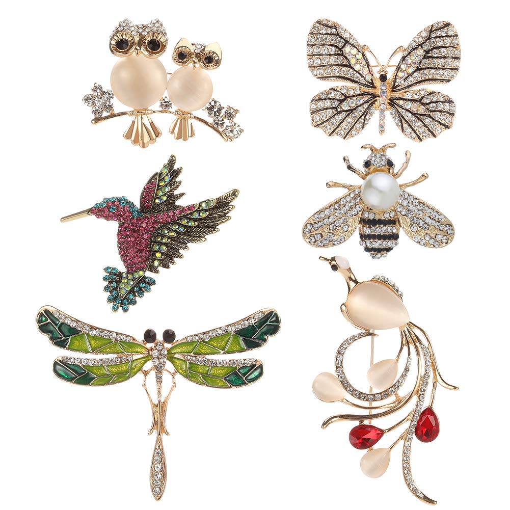Tagaremuser 6 Pieces Women Brooch Set Crystal Brooch Pins Badges with Dragonfly Butterfly Hummingbird Owl Peacock Bee Design Colorful Animal Brooch Pin for Women Girls