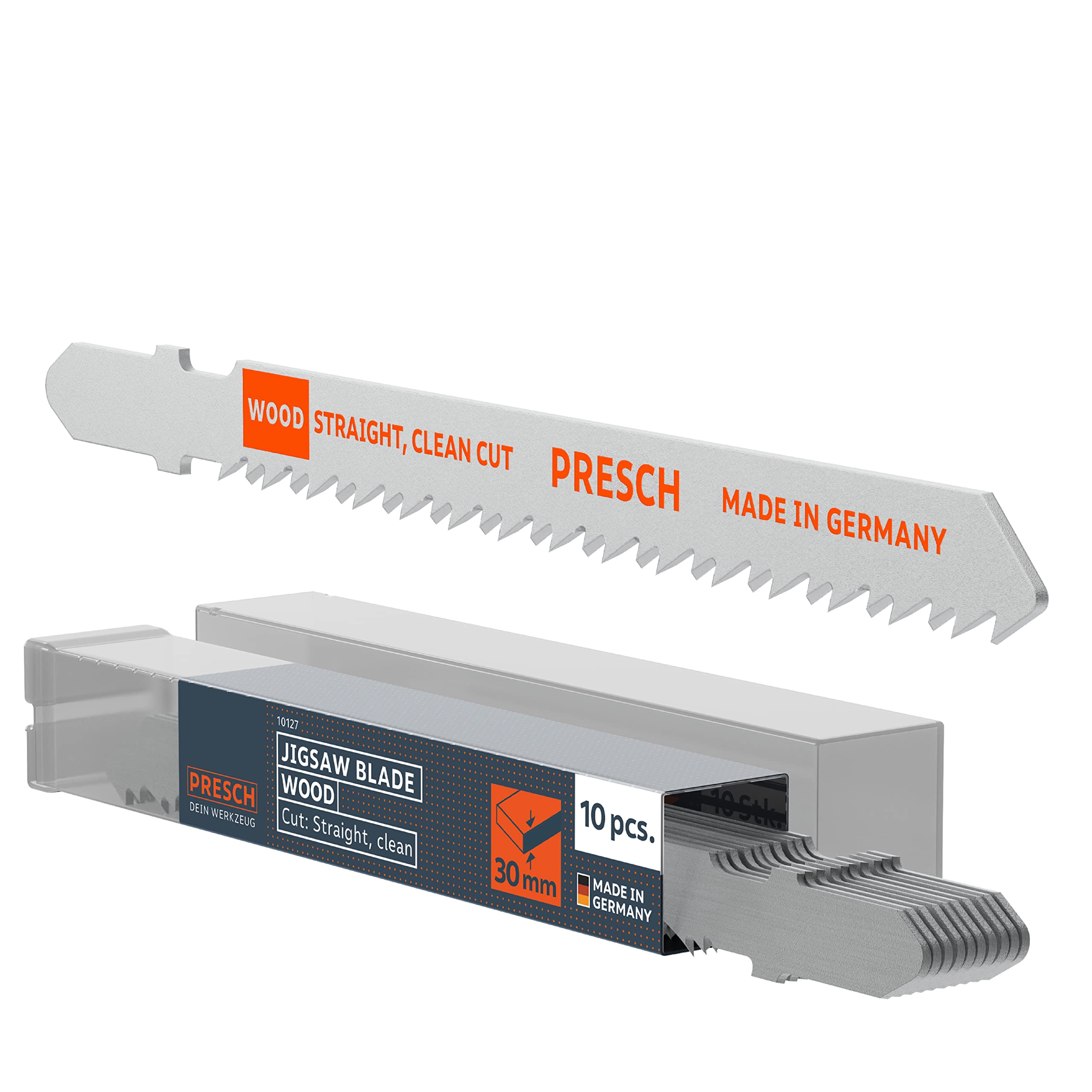 Presch Jigsaw blades Wood 10 pcs. - Very clean, straight edges (3-30mm) - Durable T shank saw edges for all jigsaws - Fine Saw edges for chipboard sheets, softwood, MDF and more