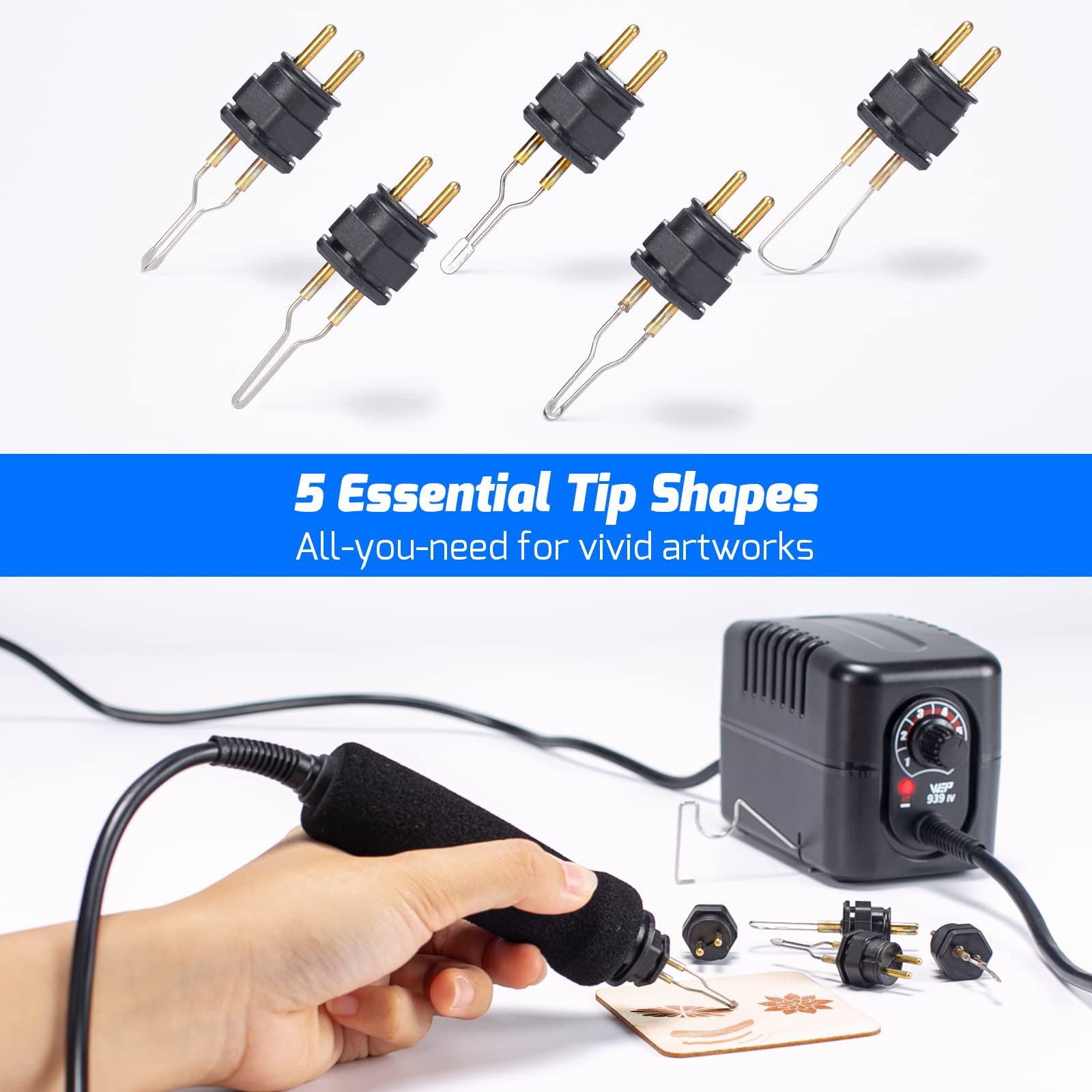 WEP 939-IV Wood Burning Kit with Quick-Change Woodburning Tool Wire-Nib Tips 250-600℃/482-1112℉ Adjustable with 5 Wood Burner Tips, Tip Removal Tool, Wood Burning Pen Holder, 2 Wood Pieces