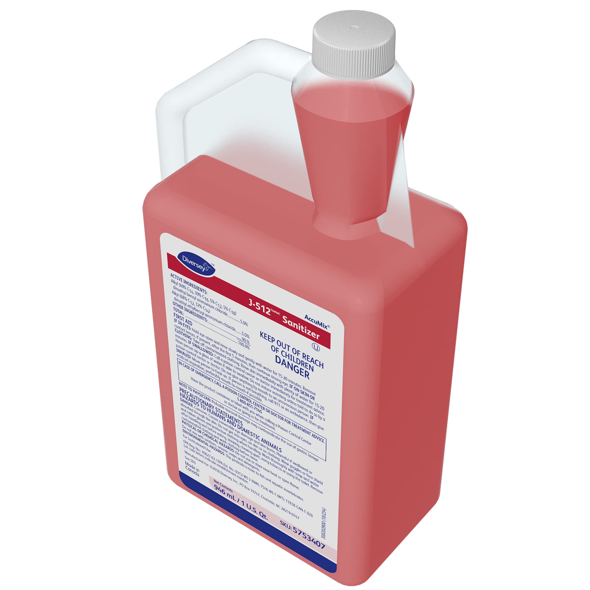 Diversey 5753407 J-512 Sanitizer, Final Step No Rinse Food Contact Kitchen Sanitizer for Utensils & Dishes, AccuMix Concentrate, 32-Ounce