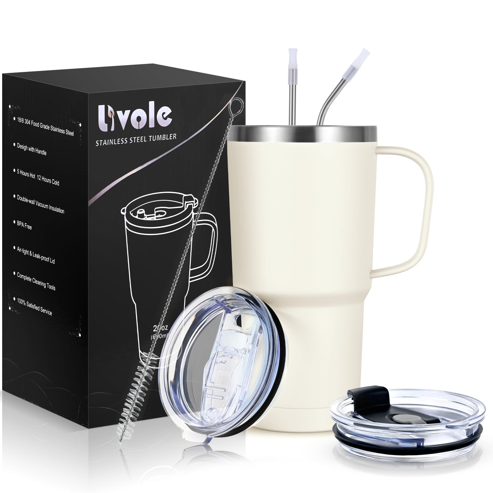 Livole 20oz Travel Mug with Handle, 600ml Insulated Tumbler with Straw and 2 Lids, Double Walled Vacuum Water Cup Bottle, Stainless Steel Thermal Travel Coffee Mugs for Cold Drinks, Off-White