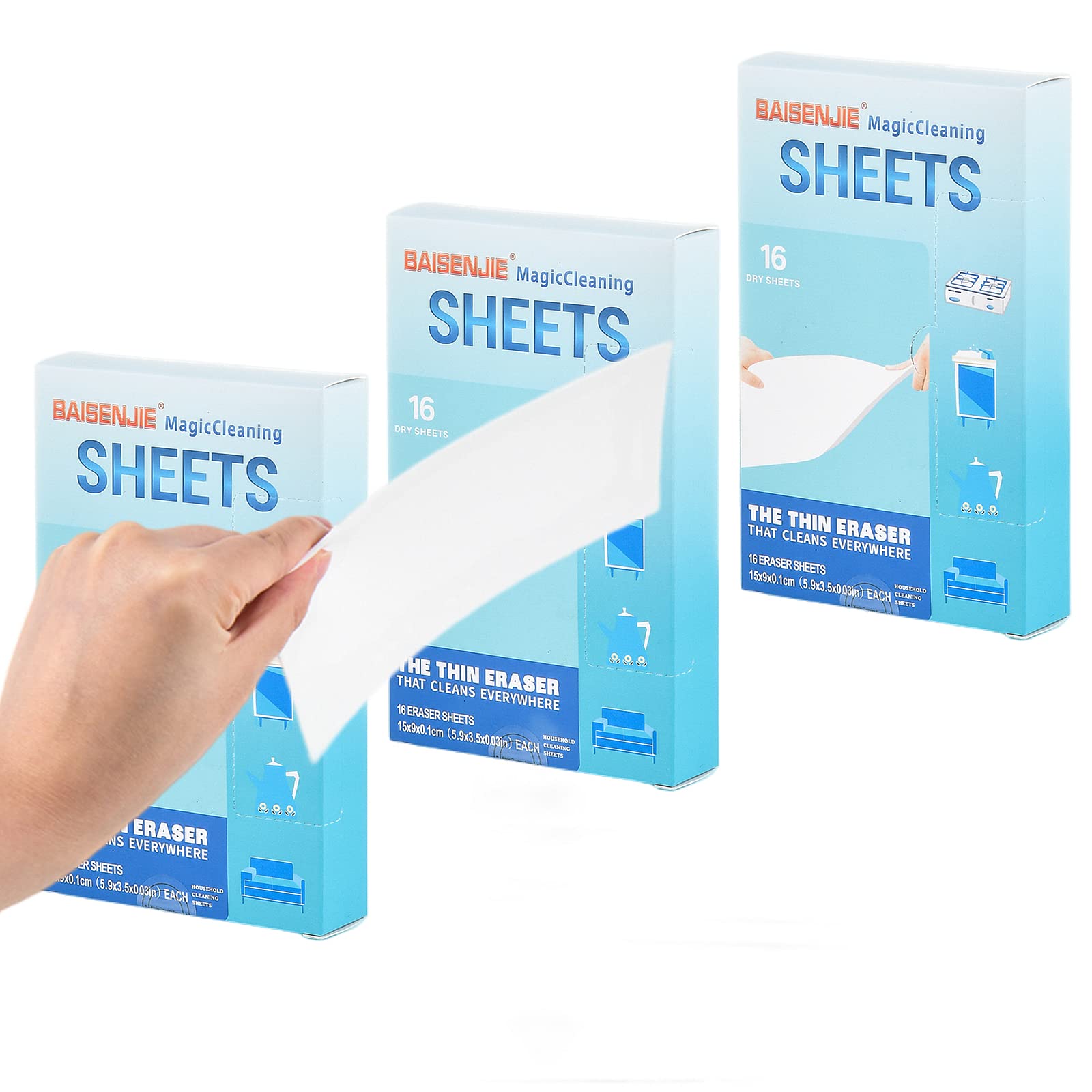 Magic Cleaning Sponge Eraser Sheets,Melamine Sponge Cleaner for Kitchen Bathroom Furniture,Ultra-Thin,Portable,Easy to Use,48 Cleaning Sponges Sheets Total, Pack of 3 (White)