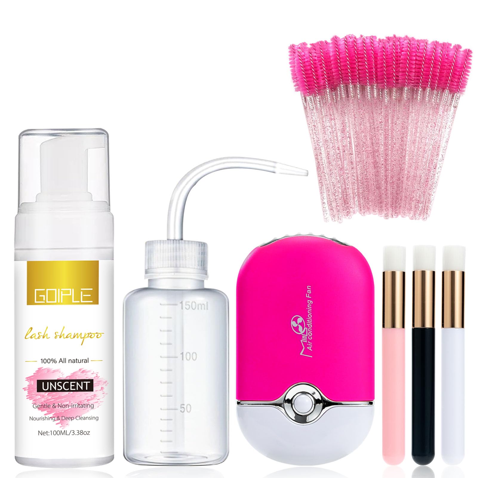 Eyelash Extension Cleanser - USB Mini Fan Rechargeable Electric Handheld Air Conditioning Lash Kit With Brushes (Rose) — image 1