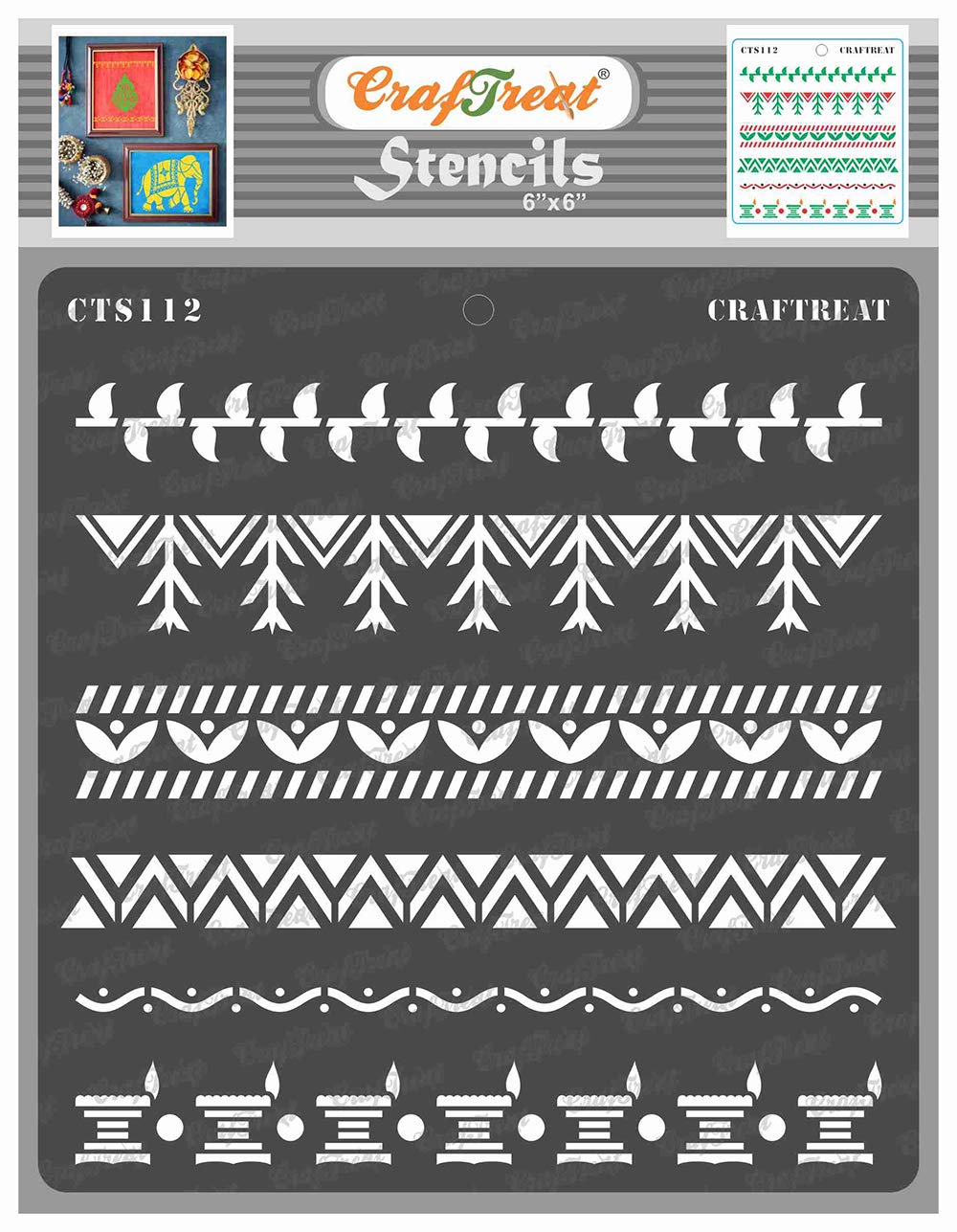CrafTreat Border Stencils for Crafts - Reusable Vintage Warli Border Stencils - 6x6 Inches - For Painting on Concrete & Furniture