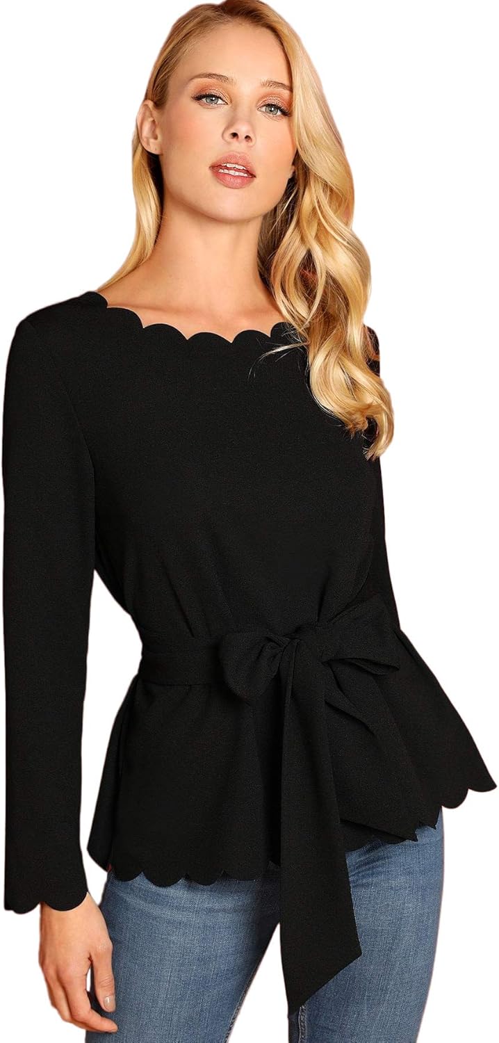 Romwe Women's Bow Self Tie Scalloped Cut Out Elegant Office Work Tunic Blouse Top