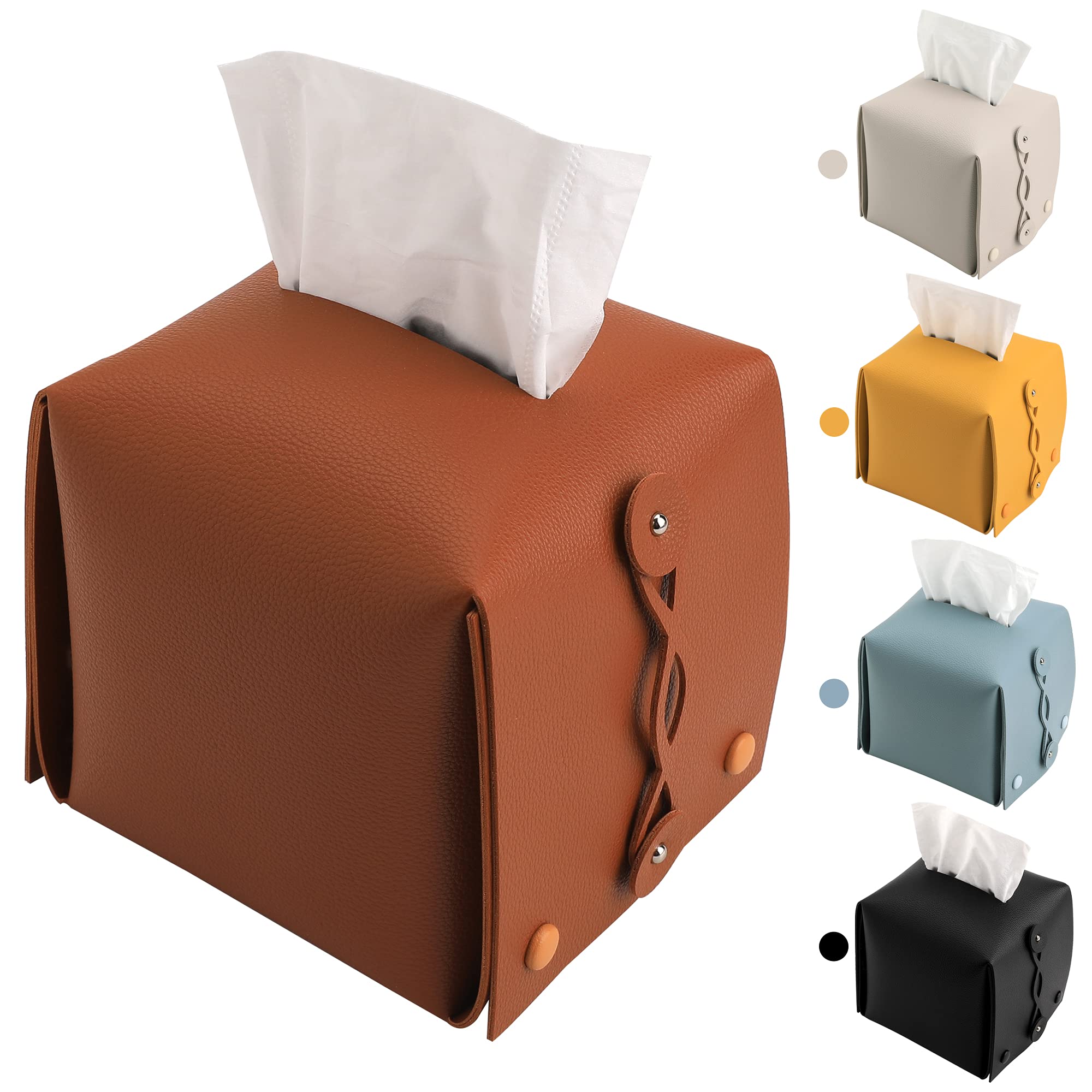 Kevancho Leather Tissue Box Holder Rectangular Square, Tissue Box Cover Dispenser for Car, Home, Bathroom, Bedroom, Office, Night Stands, Desks and Tables (04 Brown)