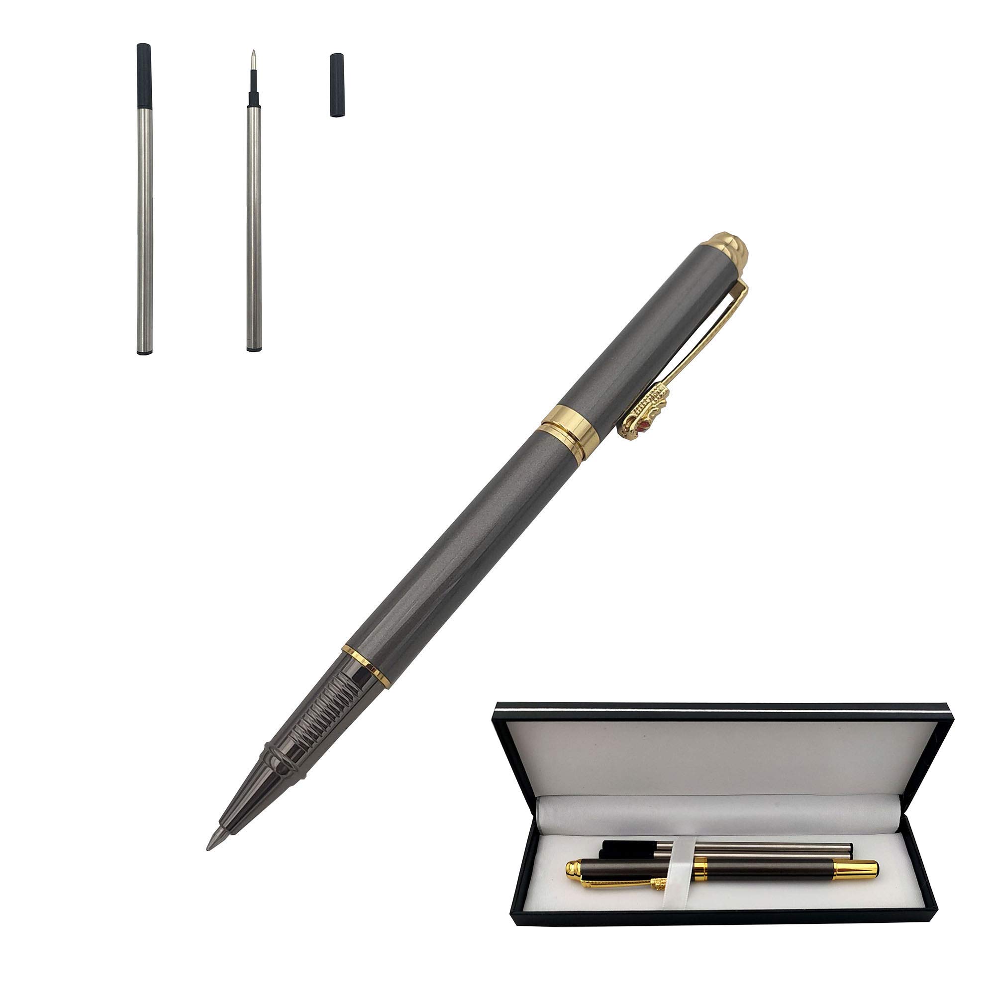 Accod Classic Business Metal Ballpoint Pen Signature Pen Rollerball Gel Pen High-end Gift Box with Two Replaceable Refills for Office Family and Business Partners (Grey)