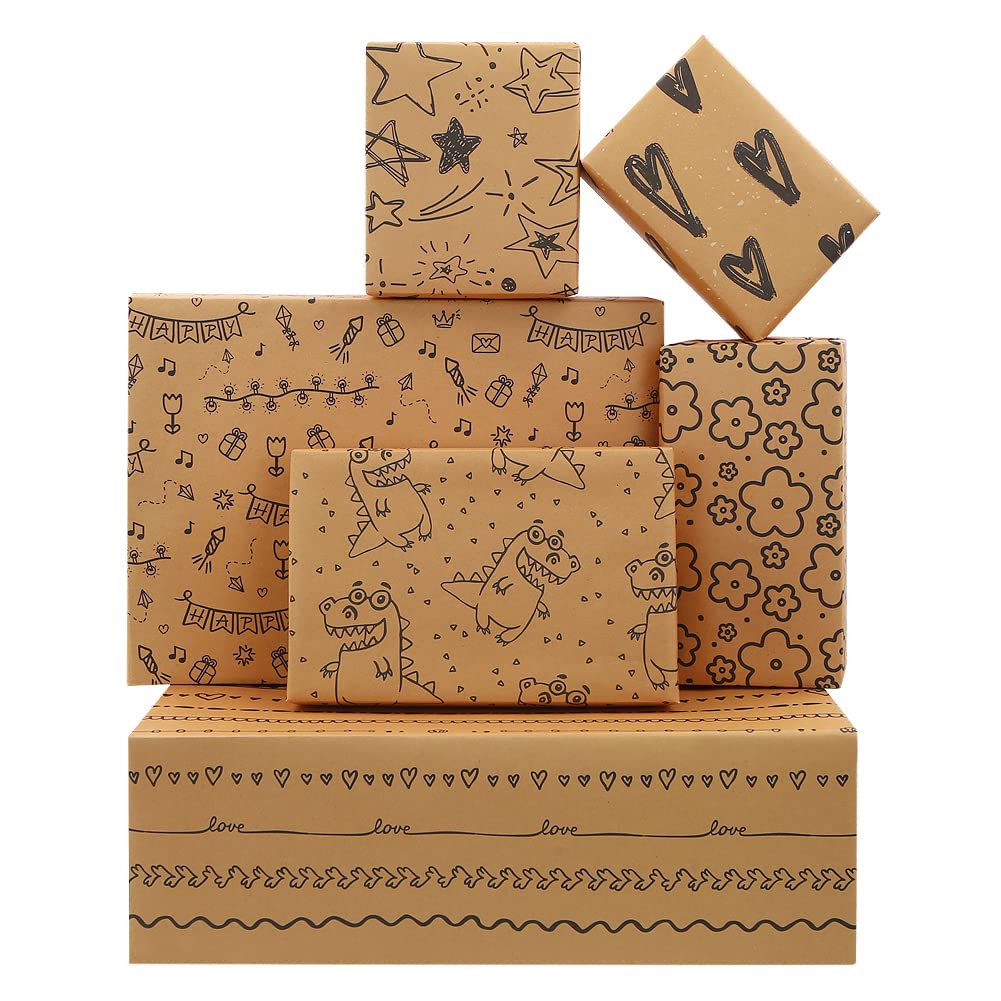 Birthday Gift Wrapping Paper,6 Folded Sheets Brown Kraft Recycled Paper,Dinosaur,Star,Heart,Gift,Flower Designs Gift Wrap For Kids Girls Boys Baby Shower 20x28 inches per sheet Hand Drawn Design
